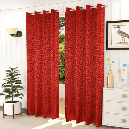 Lucia Red Color Floral Window Curtain   Set of 2