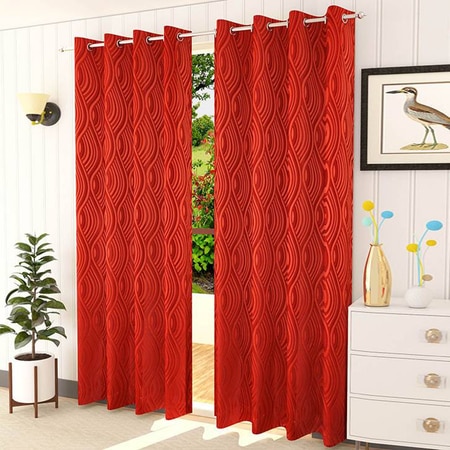 Genann Red Color Abstract Long Door Curtain - Set of 2