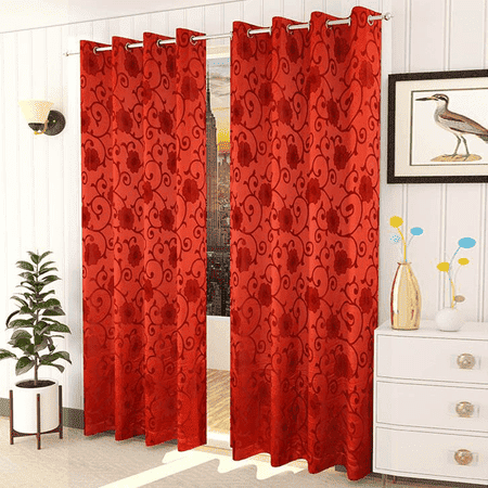 Ella Red Color Floral Window Curtain   Set of 2