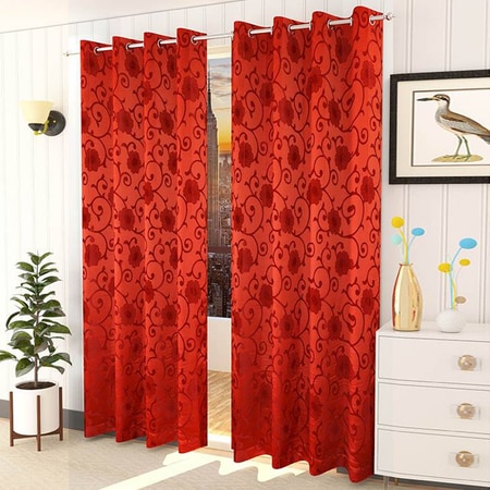 Ella Red Color Floral Door Curtain - Set of 2