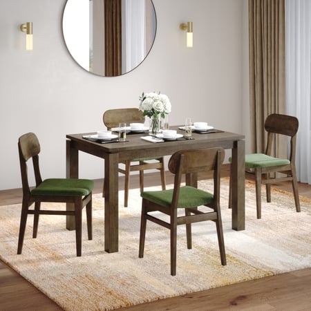 Atlas Solid Wood 4 Seater Dining Table With 4 Lunar Dining Chairs (Finish : Danish Walnut, Chair Colour : Moss Green)