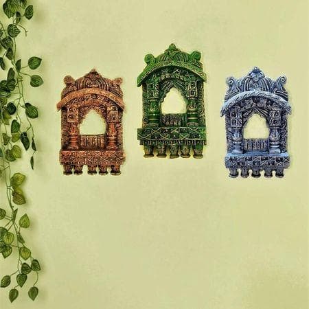MultiColor Wooden Jharokha Wall Art panel with hand cone work of marble dust and hand carved patterns (Set of 3)