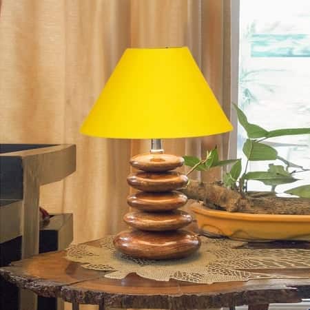 Devansh Yellow Cotton Table Lamp With Wood  Pebble Lamp  (10X10X15) Inches