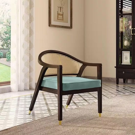 Hayworth Solid Wood Lounge Chair in American Walnut Finish and Dusty Turquoise Velvet Colour