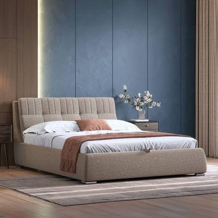 Stanhope Upholestry Hydraulic Queen Size Bed In Shitake Beige Premium Chenille