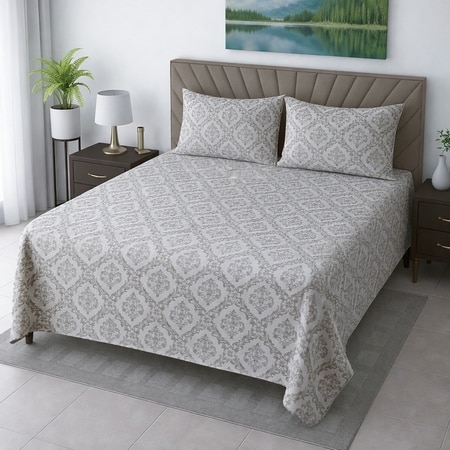 Usha White & Coffee Floral 400 TC Cotton Flat Queen Size Bedsheet with 2 Pillow Covers – Threads