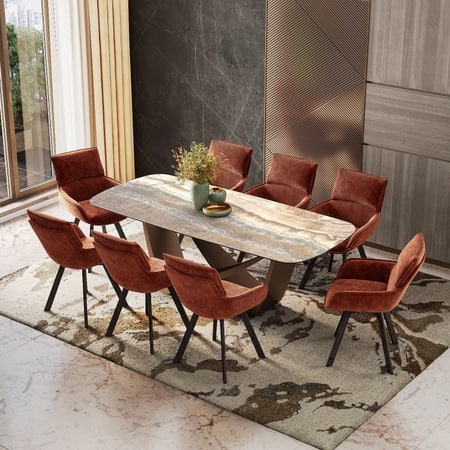 Paloma 8 Seater Jupiter Spanish Ceramic Dining Table With 8 Bren Dining Chairs (Finish : Jupiter Spanish Ceramic, Chair Colour : Auburn)