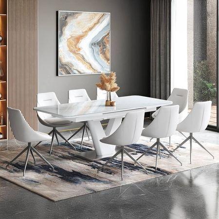Caribu 6 To 8 Extendable Dining Table With Set Of 8 Doris Swivel Accent Chairs (Colour- White Leatherette, Finish- White High Gloss)