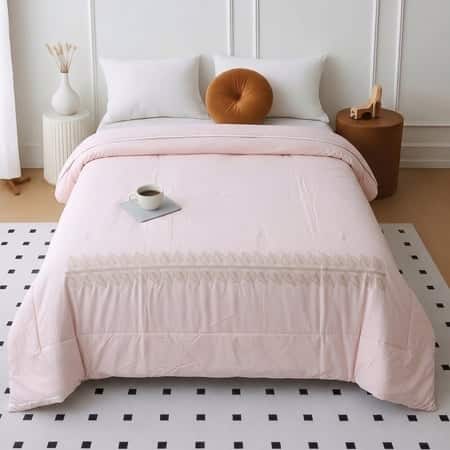 Pastel Pink Solid Comfoter Embroidered Reversible Quilt Cotton 350 Gsm Double Bed 240 X 220 Cms