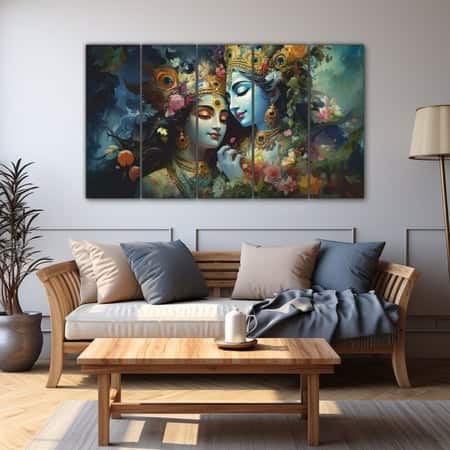 The Castle Decor Radha Krishna Wall Painting Wooden Framed Digital Painting 27x48 Inch (Style 1)