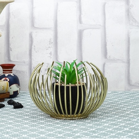 Golden Sphere Planter Set With Artificial Plant