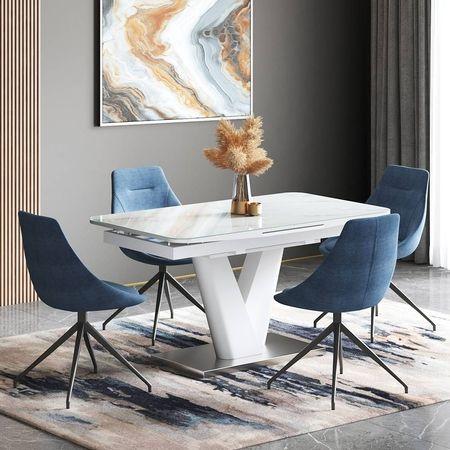 Caribu 4 To 6 Extendable Dining Table With Set Of 4 Doris Swivel Accent Chairs ( Finish- White High Gloss, Colour- Blue)