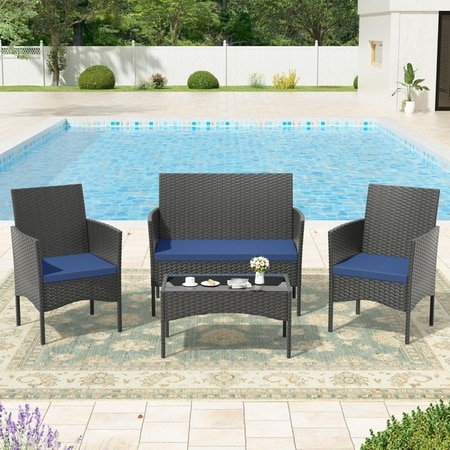 Carry Bird Wicker Patio Furniture Accessorie 4 Seater Sets In Black And Navy Blue Colour