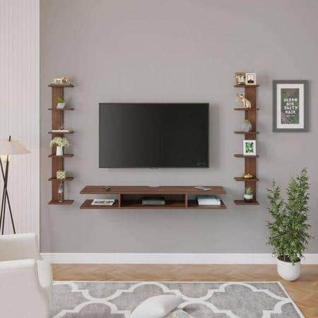 Estoye Engineering Wood Wall Mount TV Entertainment Unit Set Top Box Stand/TV Cabinet with Shelves for Books & Decor Display Unit, Ideal for 55” (Brown Maple)