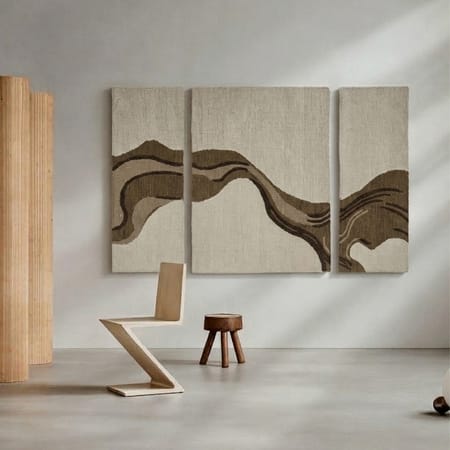 Abstract Handmade Natural Wool Wall Art Brown Beige 3 Panel Set 4 x 6 Feet