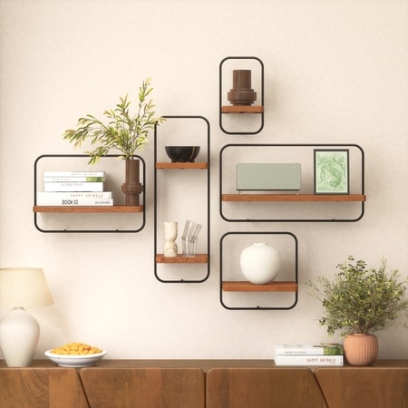 Jasper Set Of 5 Wall Shelves In Amber Walnut Finish