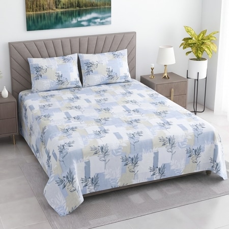 White And Blue Floral cotton 400 Tc Flat Double Queen Size Bedsheet With 2 Pillow Covers