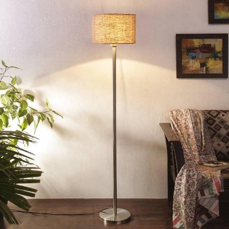 Crystal Beige Natural Fiber Floor Lamp with Steel Steel Base