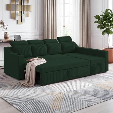 Luna 5 Seater Velvet LHS Pull Out Sofa Cum Bed in Green Color With Storage