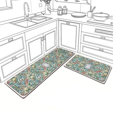 Luxe Home Floral Design Combo Kitchen Runner Mat - White (116x36 & 58x36 cm PC-2)