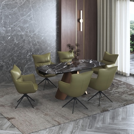 Aeris Ceramic 4 To 6 Seater Extendable Dining Table With 4 Beck Dining Chairs (Finish : Black Jade, Chair Colour : Olive Leatherette)