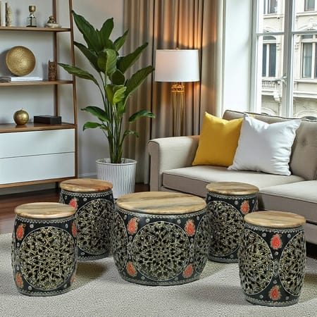Ethnic Handcrafted Painted Metal Coffee Table with 4 Stools in Multicolour Finish Set of 5