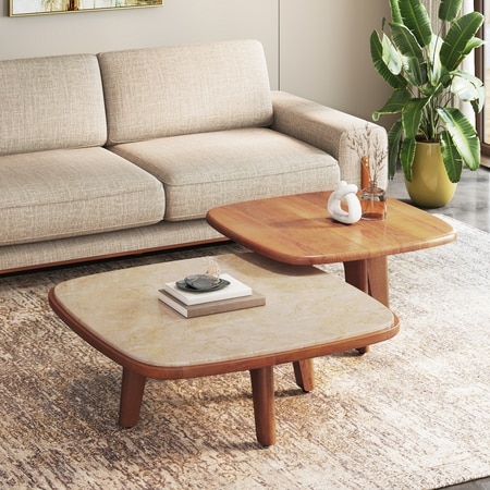 Alba Square Cluster Botticino and Solid Wood Coffee Table in Amber Walnut Finish