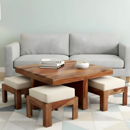 Blane Sheesham Wood Accent Coffee Table Set With 4 Stools In Natural Teak Finish