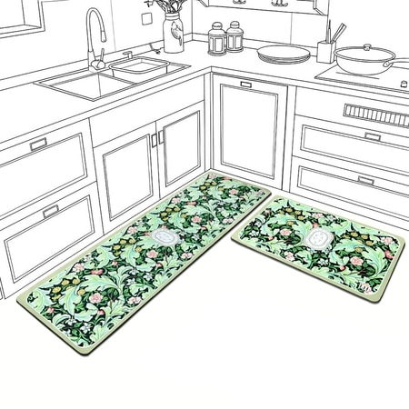 Luxe Home Floral Design Combo Kitchen Runner Mat - Green (116x36 & 58x36 cm PC-2)