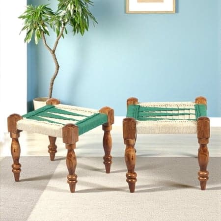 Riaza Sheesham Wood Vintage Set of 2 Stools in Green & White Rope Canning