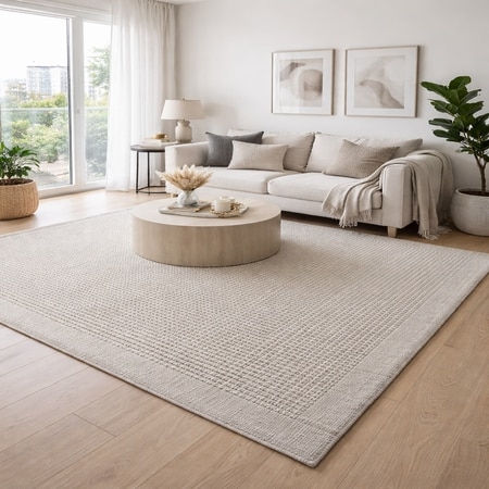 Grid Texture Wool Rectangle Carpets Hand Knotted in Beige Colour