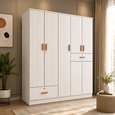 Ren 5 Door Engineered Wood Wardrobe in Silver Oak Finish