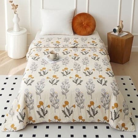 Cream Floral Comforter Quilted Cotton Feel 300 Gsm Single Bed 240 X 160 Cms