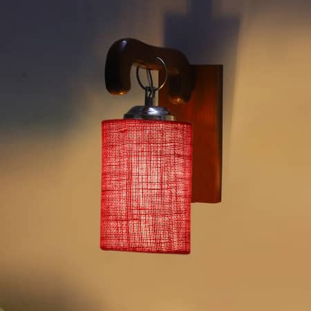 Devansh Solid Wood Electric Wall Light in Brown Colour with Maroon Shade Count of 1 Light