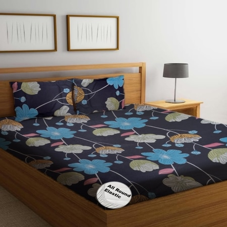 Myra Multicolor Floral 350 TC Glaze Cotton Fitted Queen Size Bedsheet with 2 Pillow Covers – Threads