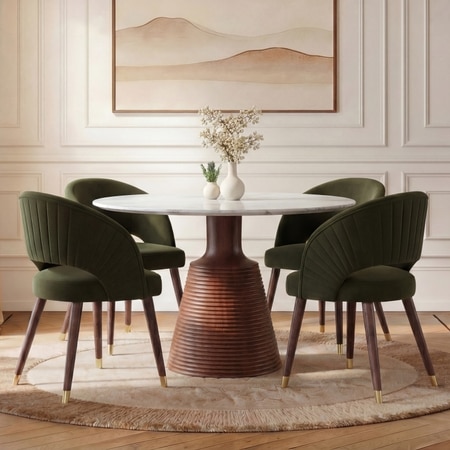 Massa Solid Wood And Banswara 4 Seater Round Dining Table with 4 Celia Accent Dining Chair in (Finish: Honey, Colour: Deep Olive Velvet)