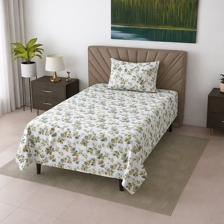 Xena White Floral 290 TC Cotton Flat Single Size Bedsheet with 1 Pillow Cover – Threads