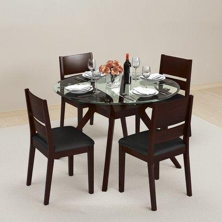 Wesley - Cabalo (Leatherette) 4 Seater Round Glass Top Dining Table Set (Colour- Black, Finish- Dark Walnut)
