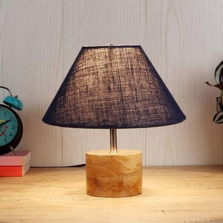 Carson Blue Natural Fiber Shade Table Lamp with Natural Wooden Base