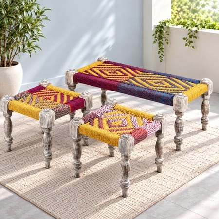 Oakville Sheesham Wood Vintage 3 Seater Maachi Balcony Bench with 2 Stools in Multi Colour