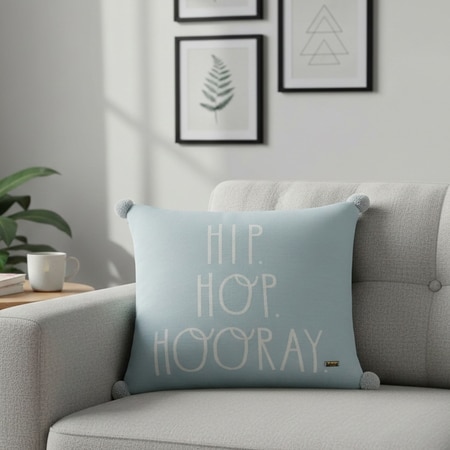 Hip Hop Hooray Jacquard Cushion Cover With Pom Poms  Blue 16X16 Inches
