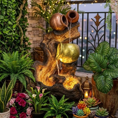 Brown Gold Natural Driftwood And Earthen Pot Water Fountain