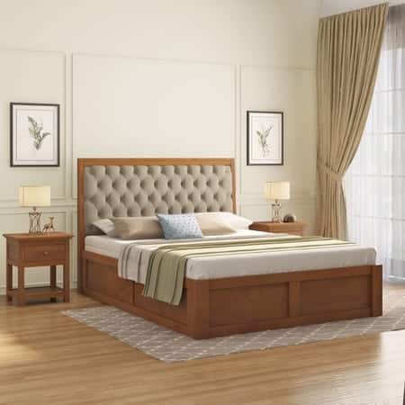 Avon Solid Wood Queen Size Bed With Box Storage (Amber Walnut Finish, Oyster Beige Colour)