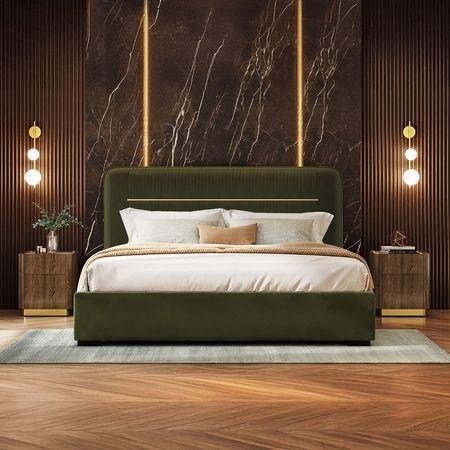 Milan Upholstered Hydraulic Storage Queen Size Bed In Deep Olive Velvet