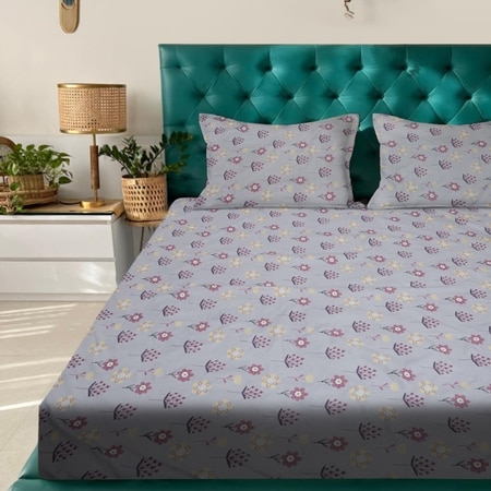 Purple Floral 180 TC Flat 1 Queen  Bedsheet with 2 Pillow Covers