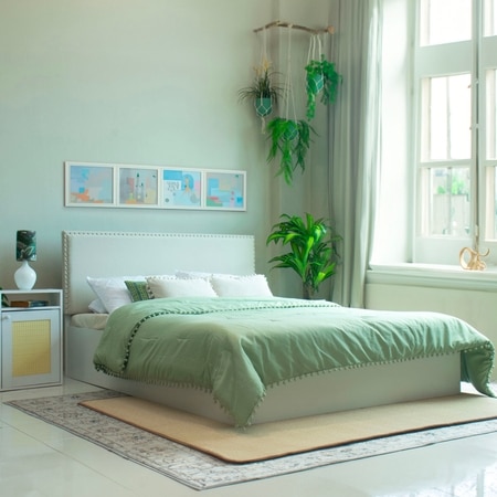 Yama Engineered Wood Queen Size Bed With Hydraulic Storage (Melamine Finish, White Colour)