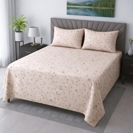 Nate Cream Floral 400 TC Cotton Flat Queen Size Bedsheet with 2 Pillow Covers – Threads