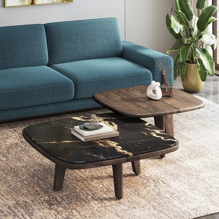 Alba Square Cluster Black Marquina Marble & Solid Wood Coffee Table In Danish Walnut Finish