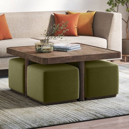 Tetra Square Solid Wood Coffee Table With Seats In Danish Walnut Finish In Olive Colour Fabric