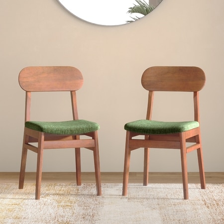 Lunar Solid Wood Dining Chair Set of 2 In Honey Finish With Moss Green Fabric Colour